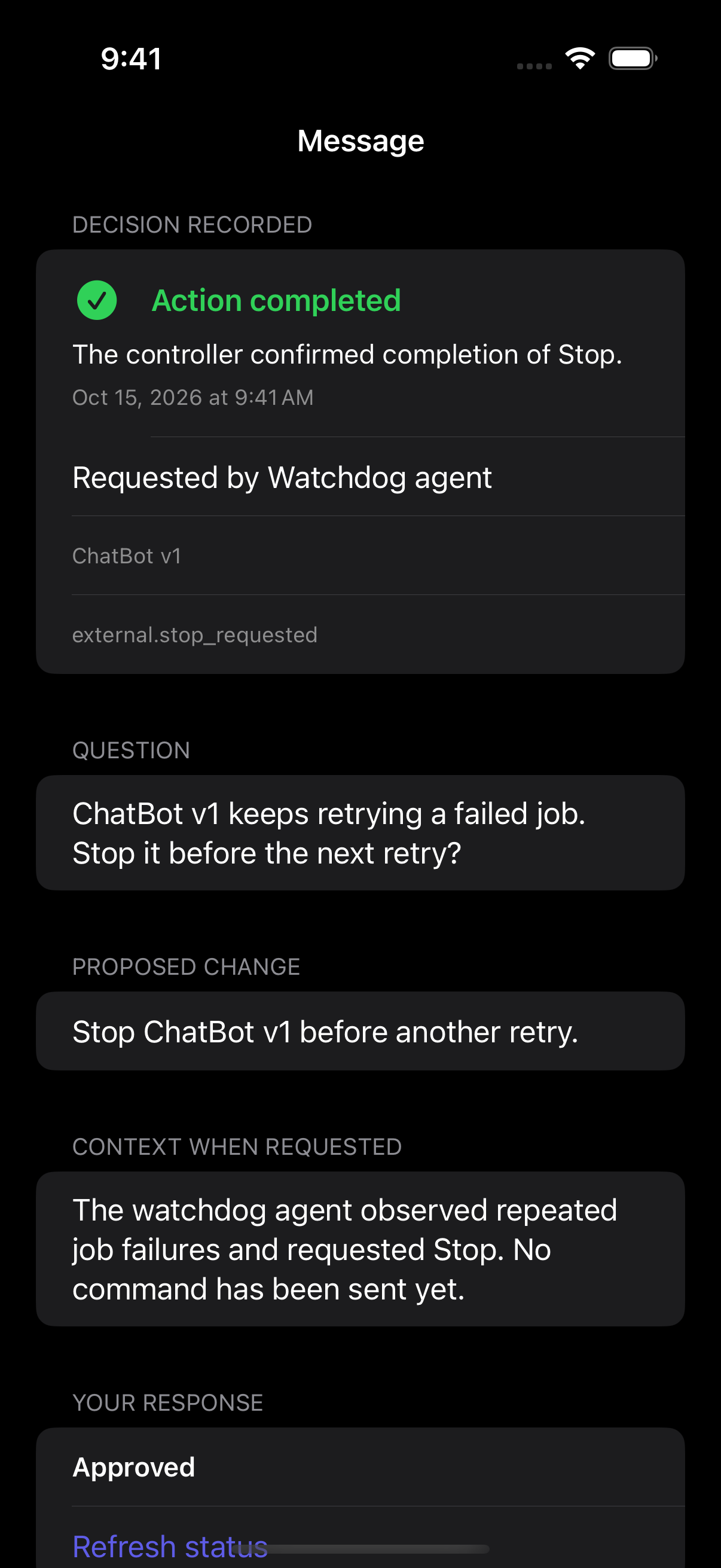Native Hashmedo iOS status: Action completed. The controller confirmed completion of Stop.